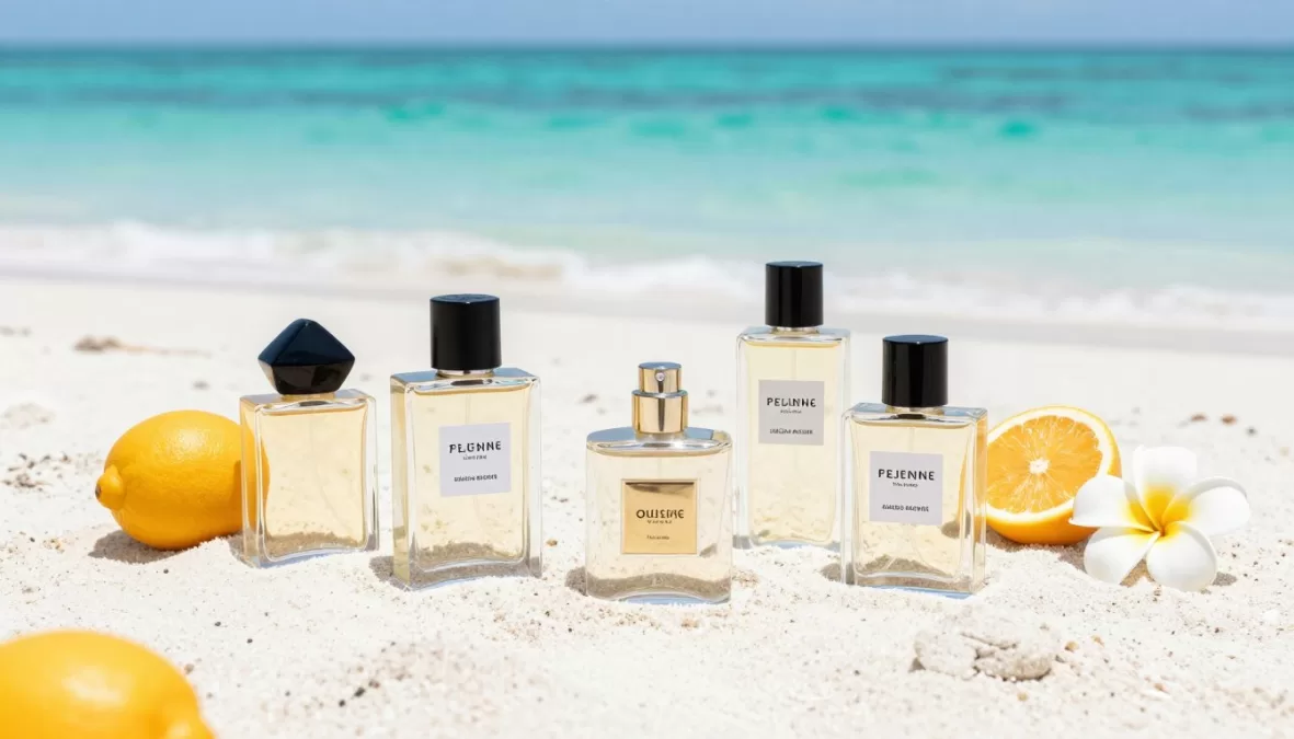 Luxury summer fragrances for men displayed on beach background