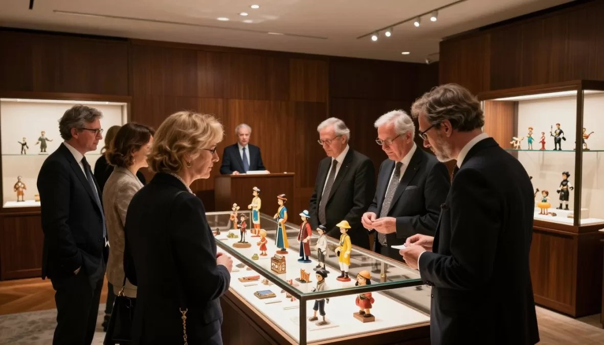 Luxury toy auction house with collectors examining expensive rare toys and action figures