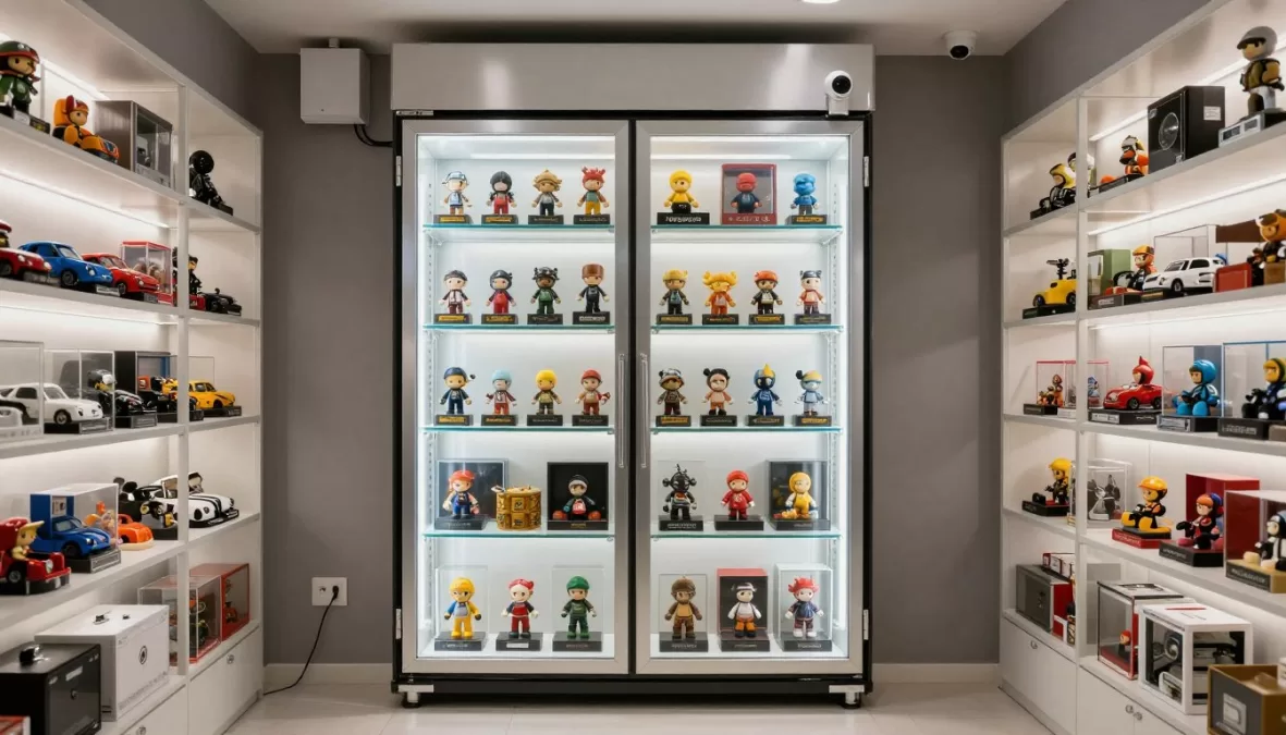 Luxury toy collection displayed in climate-controlled vault with proper lighting