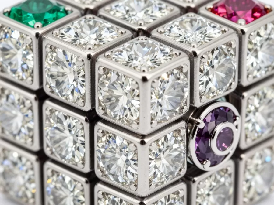 Macro close-up of diamond Rubik's cube showing gemstone details and gold mechanism
