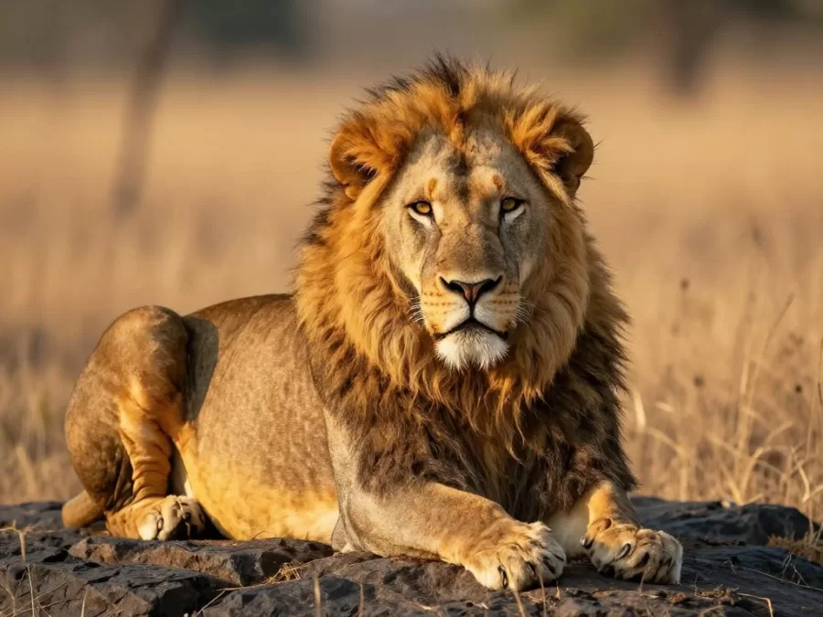 Male Asiatic lion with distinctive belly fold resting in Gir National Park