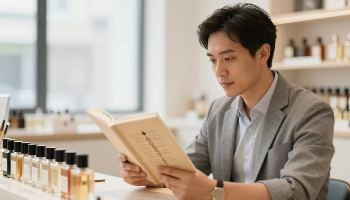 Man reading fragrance information guide