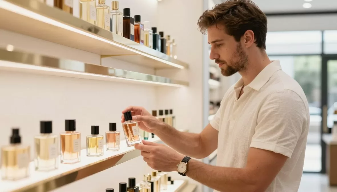 Man selecting fragrances from collection display