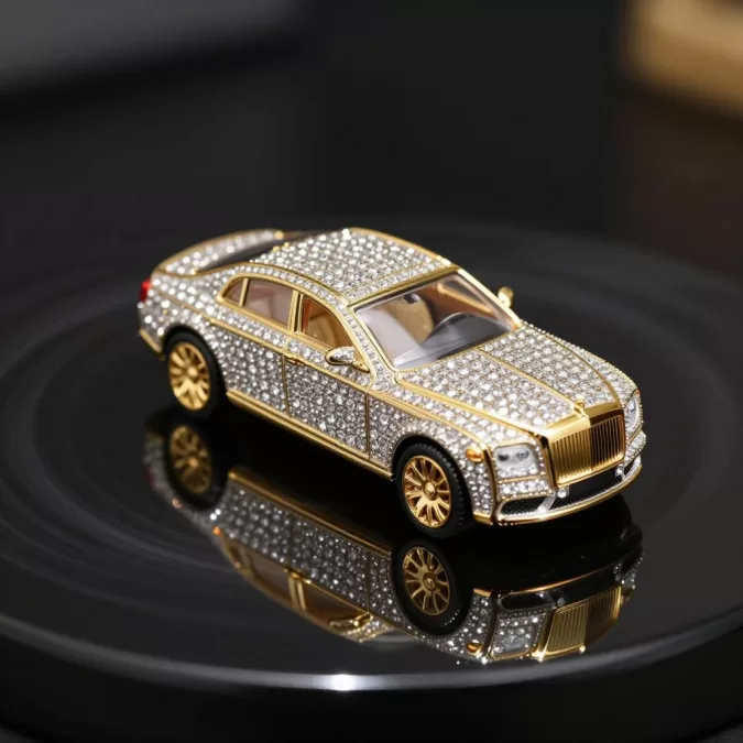 Miniature toy car made of gold and diamonds on glossy black surface