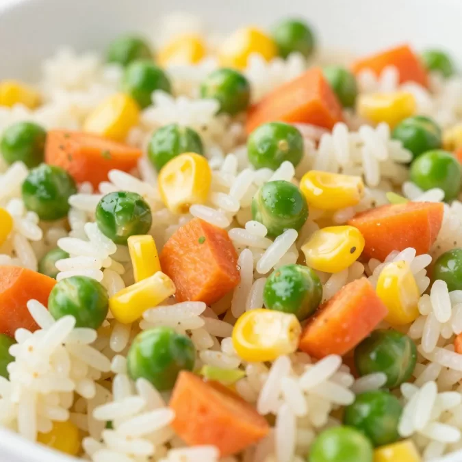 Mixed vegetables in rice close-up
