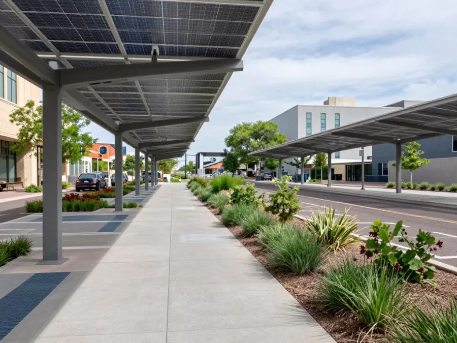 Modern cooling infrastructure and shaded walkways in Phoenix