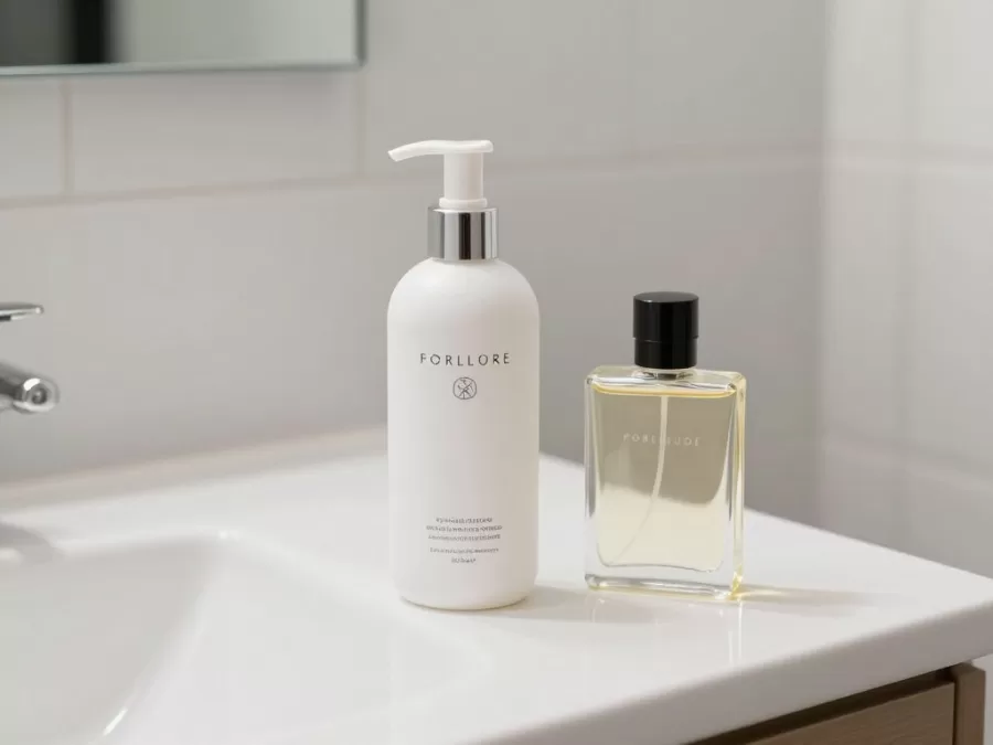 Moisturizer and cologne bottles on bathroom counter
