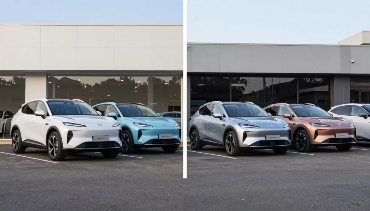 Multiple electric vehicles lined up for comparison