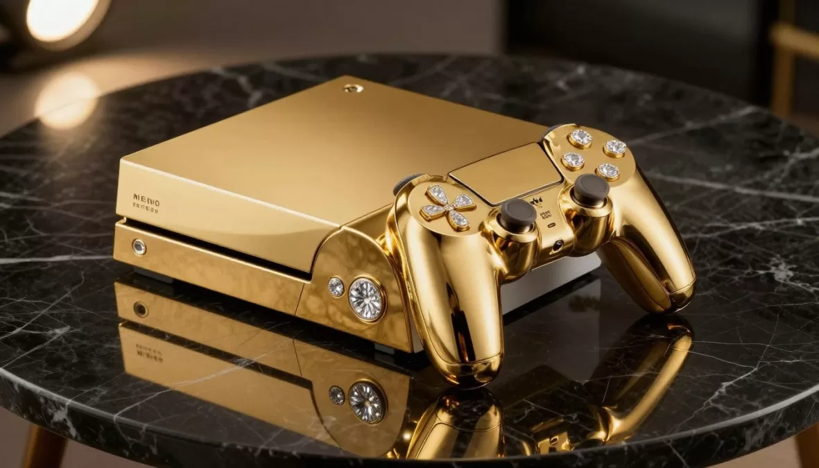 Nintendo Wii Supreme gaming console covered in gold and diamonds on marble table