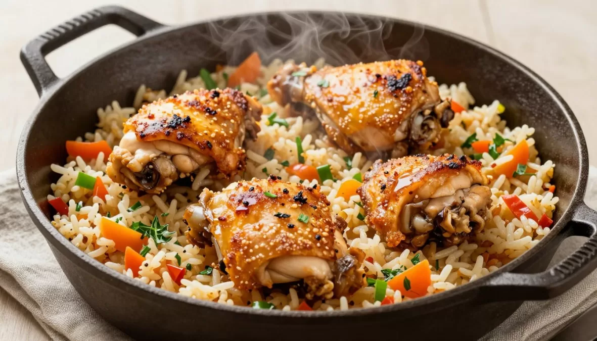 One pan chicken and rice dish with vegetables