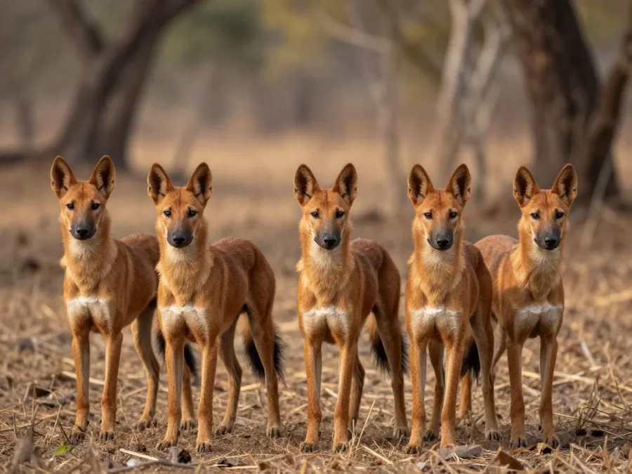 Pack of dholes with rusty red coats in forest clearing