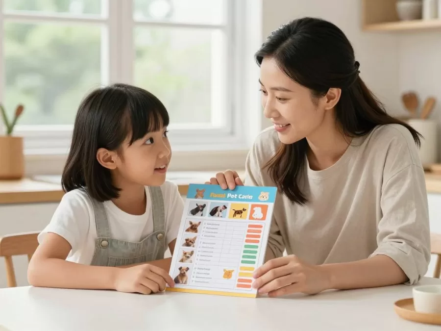Parent and child reviewing pet care responsibilities checklist together