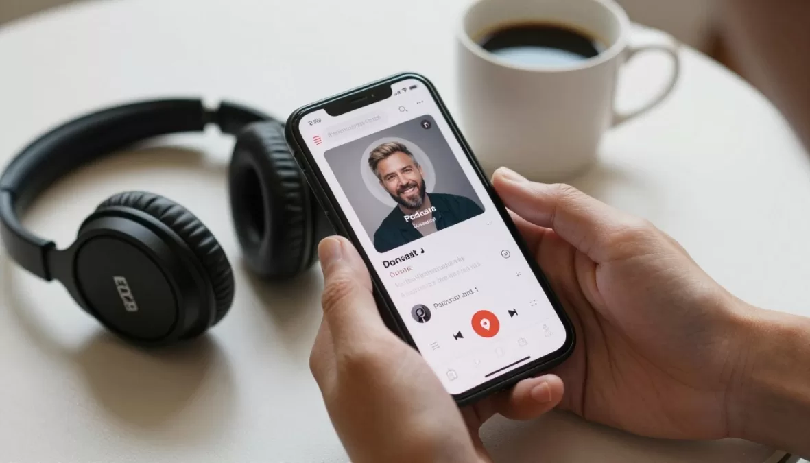 Person choosing podcast on smartphone with headphones
