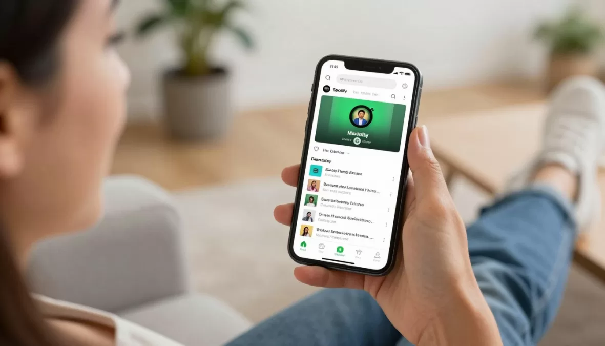 Person enjoying podcast collection on Spotify mobile app