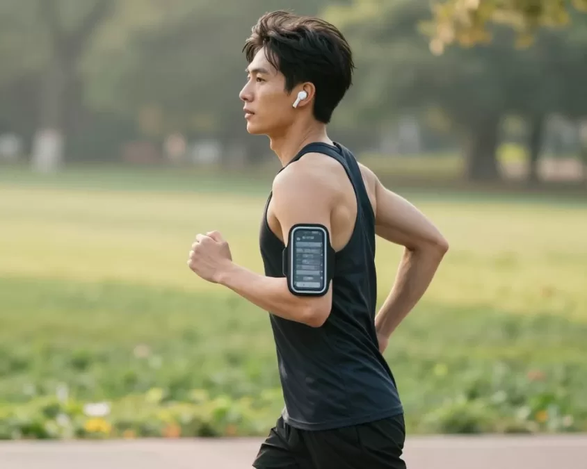 Person enjoying podcast while exercising outdoors