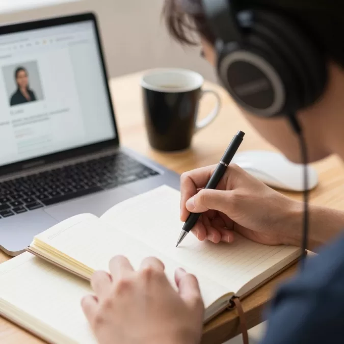 Person taking notes while listening to educational podcast