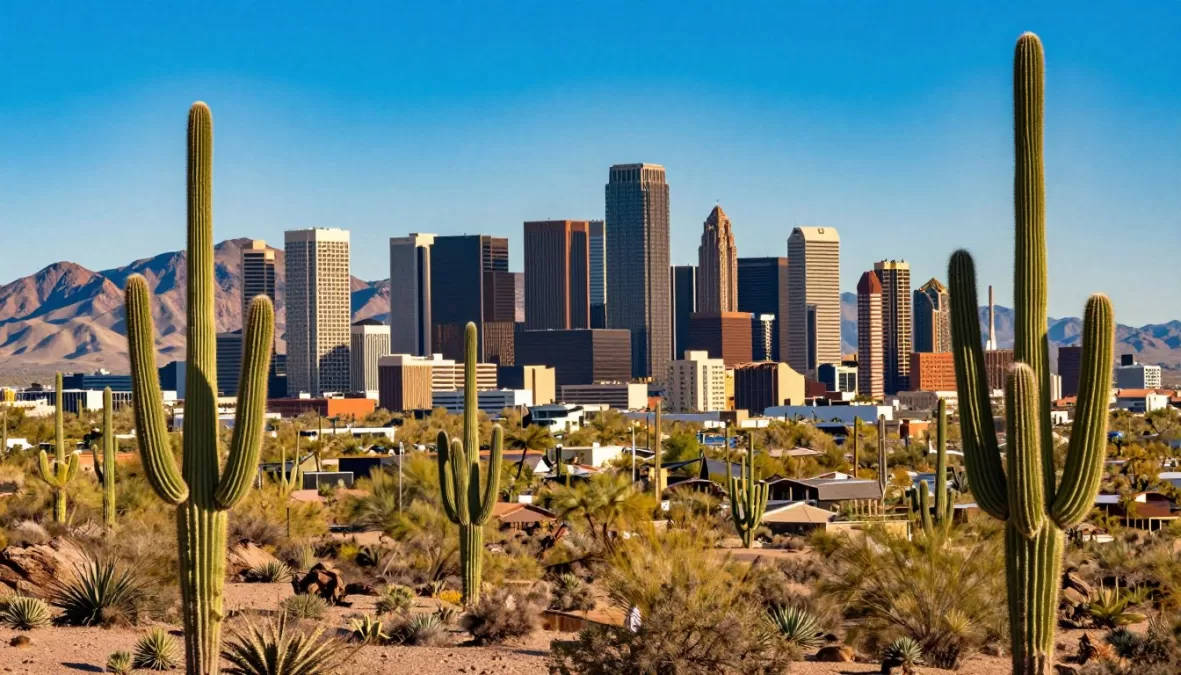 Phoenix skyline during extreme heat with desert landscape and saguaro cacti