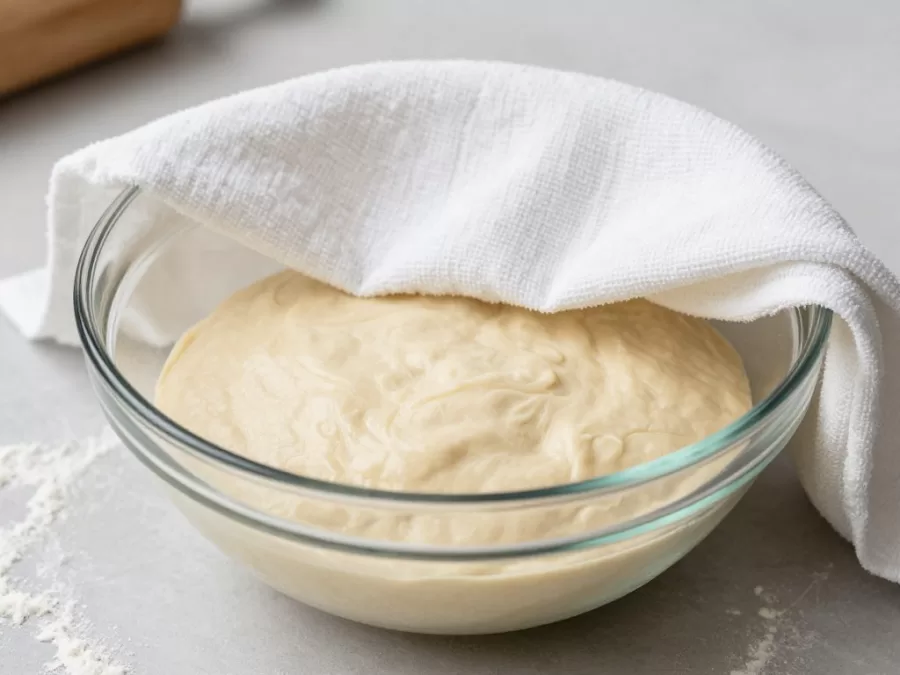 Pizza dough rising in bowl covered with towel