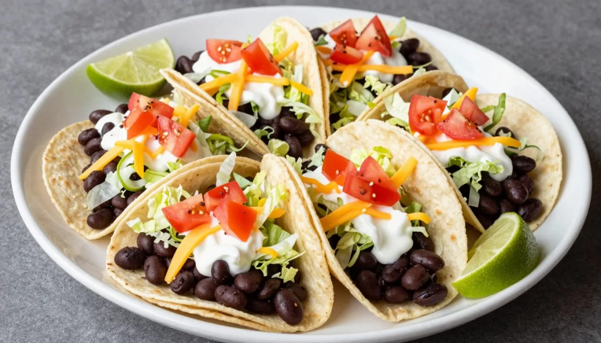 Platter of assembled black bean tacos with toppings
