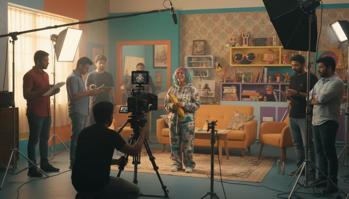 Prajakta Koli creating comedy content showing behind-the-scenes filming