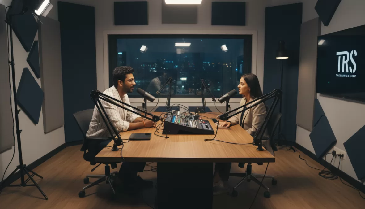 Ranveer Allahbadia podcast recording session with celebrity guest
