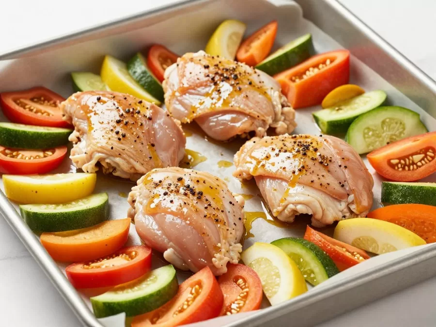 Raw chicken and vegetables arranged on sheet pan