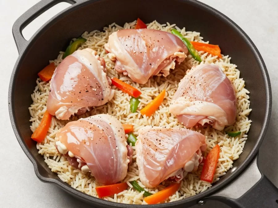 Raw chicken pieces arranged on uncooked rice in pan