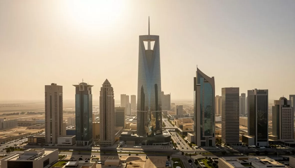 Riyadh modern skyline during extreme heat with desert surroundings