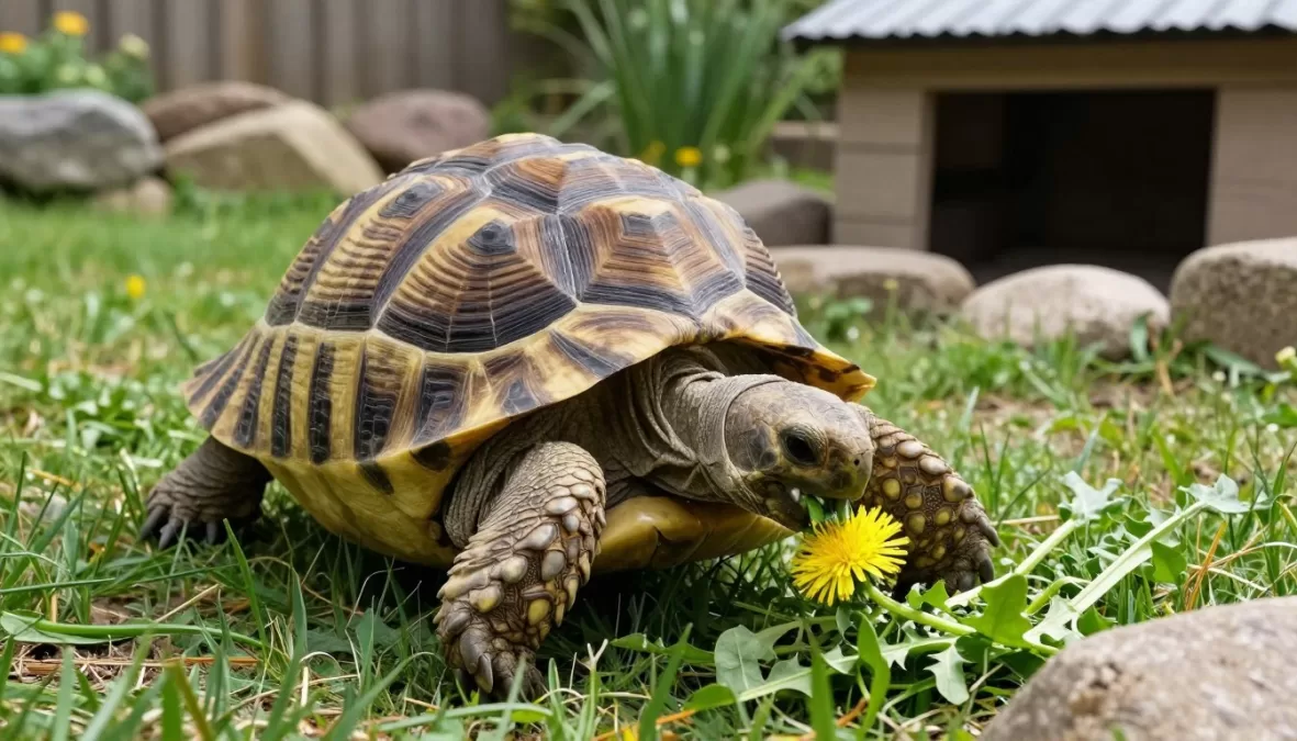 Russian tortoise eating leafy greens in outdoor enclosure