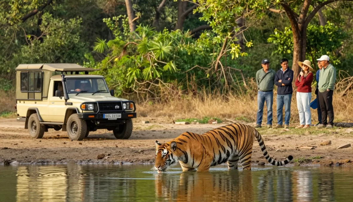 Safari jeep observing Bengal tiger at waterhole in Indian national park