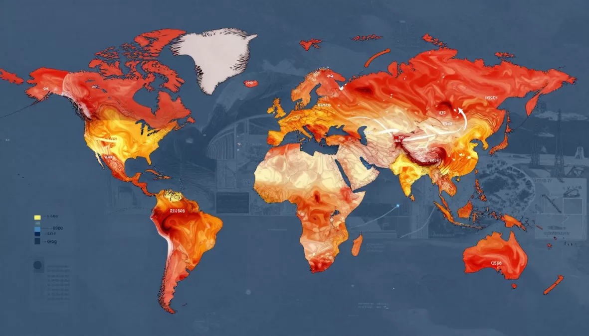 Scientific illustration showing global heat patterns and climate zones experiencing record temperatures