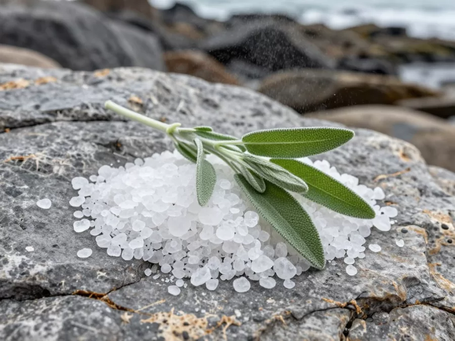 Sea salt crystals and sage on coastal rocks