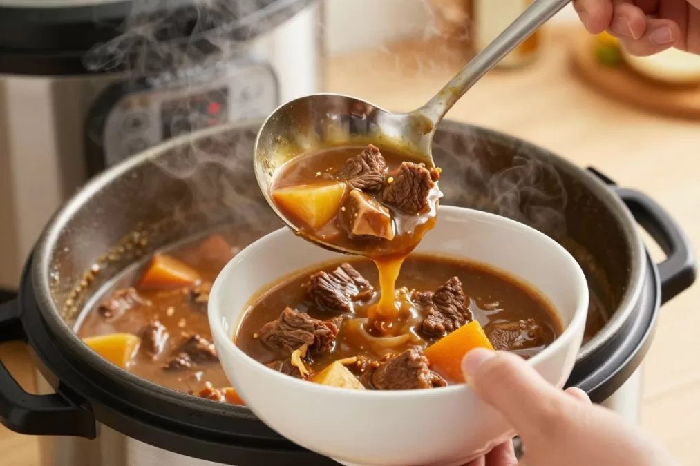 Serving beef stew from instant pot into bowls