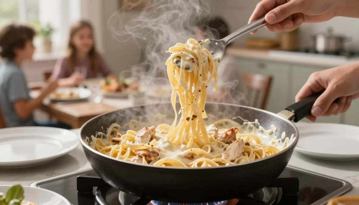 Serving creamy chicken pasta from pan to plates