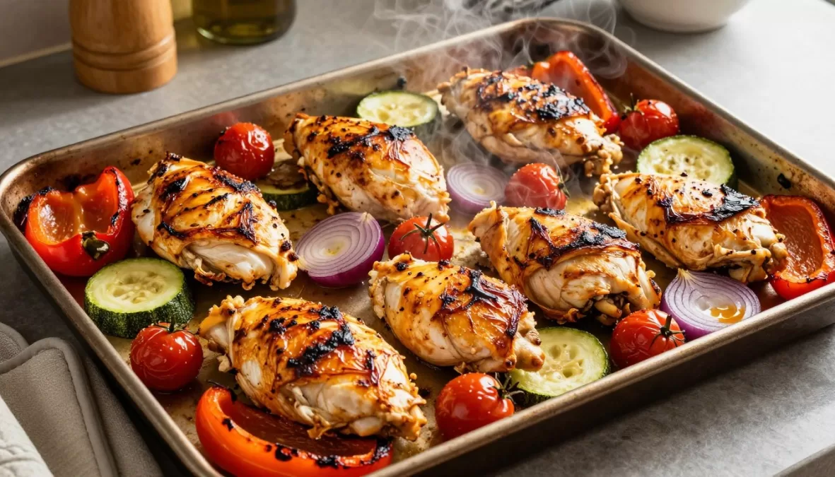 Sheet pan with roasted chicken and colorful vegetables
