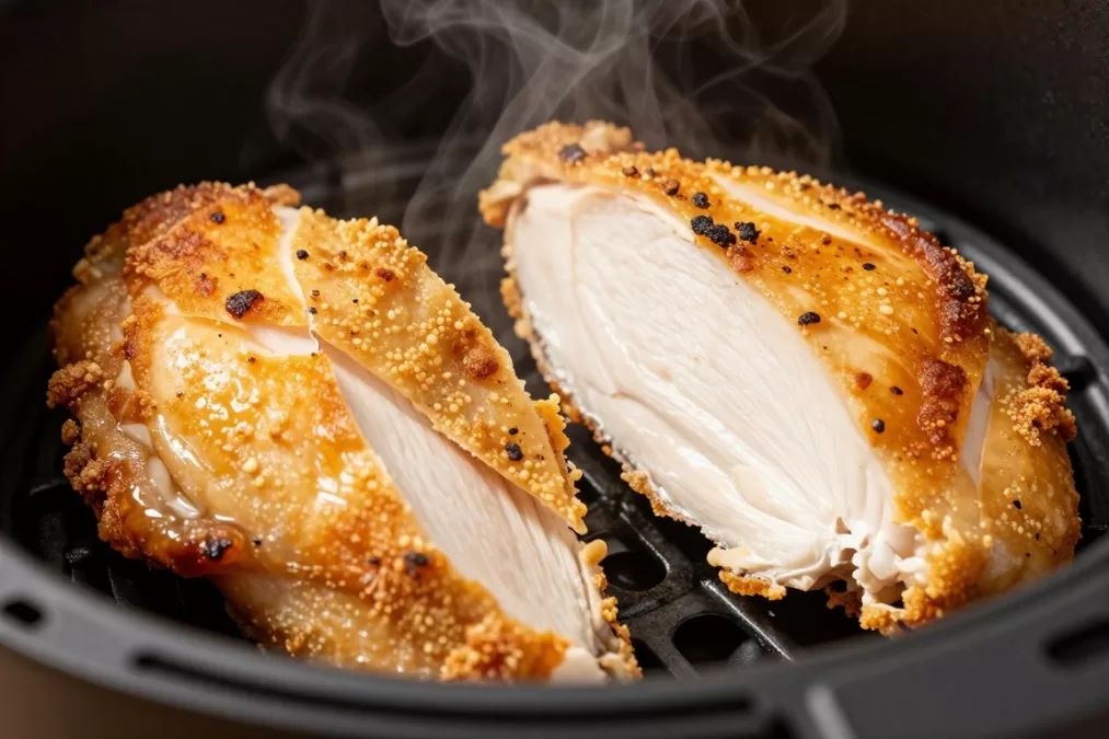 Sliced air fryer chicken showing juicy interior