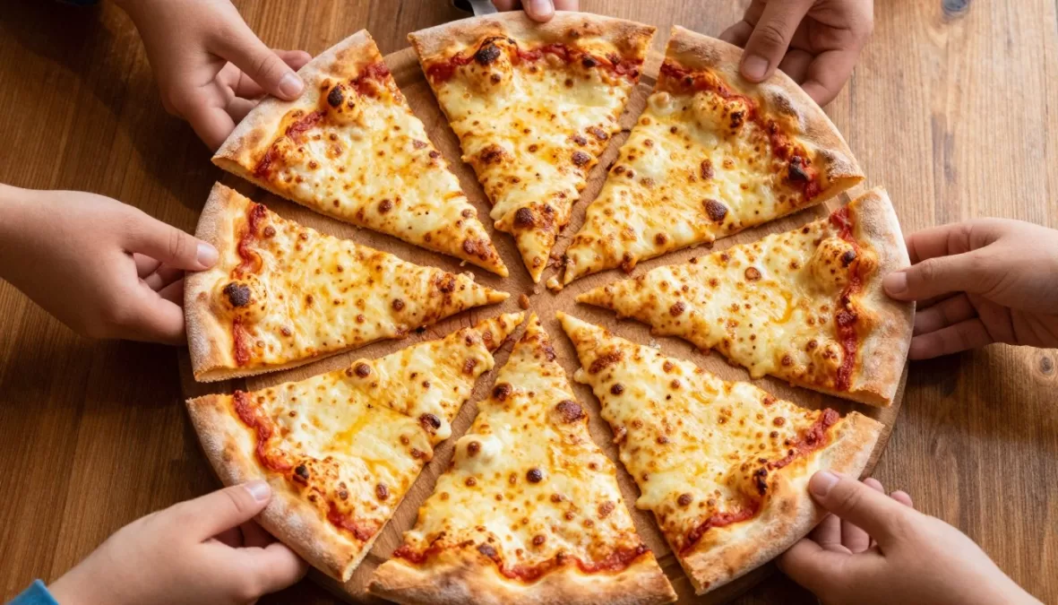 Sliced pizza on wooden board ready to serve