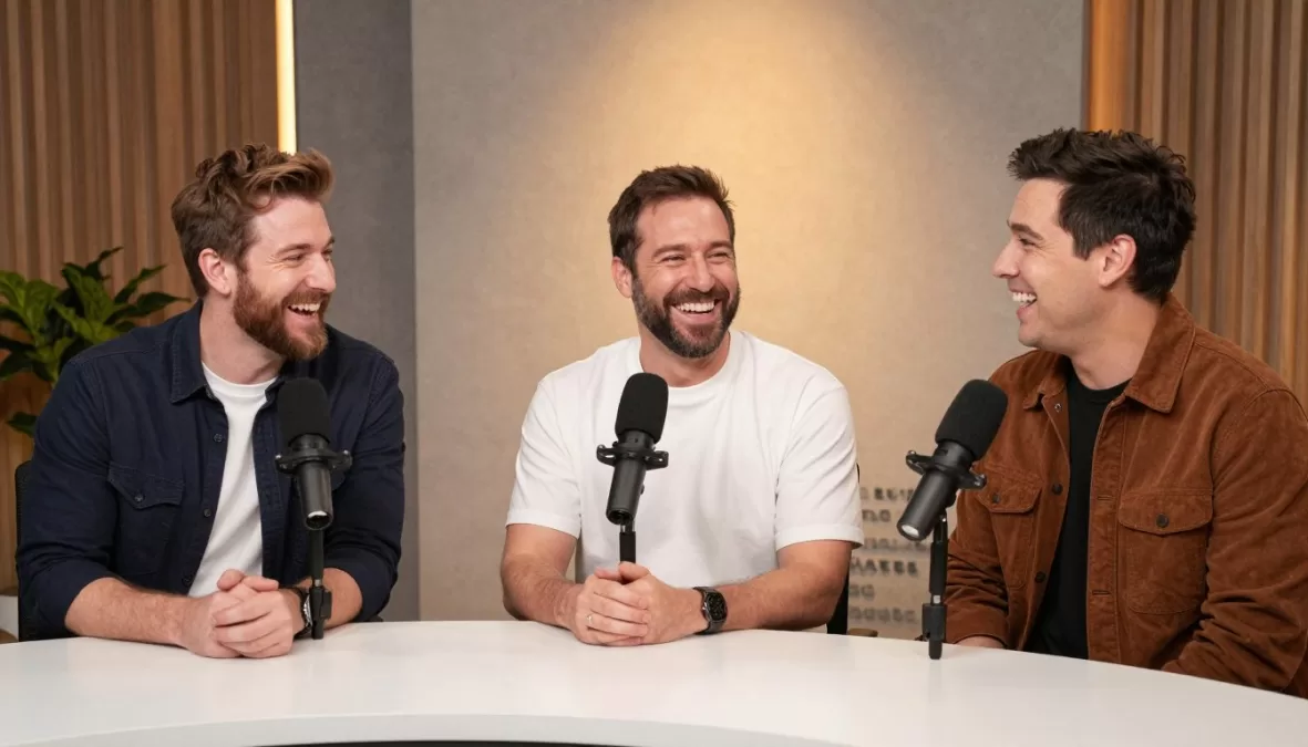 SmartLess podcast hosts Jason Bateman Will Arnett Sean Hayes laughing together