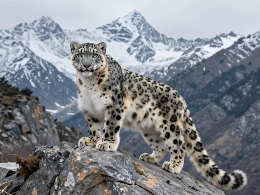 Snow leopard on rocky mountain terrain in Himalayan habitat