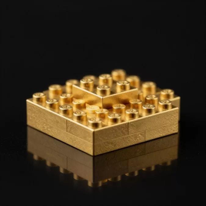Solid gold Lego brick rotating under studio lights on reflective surface