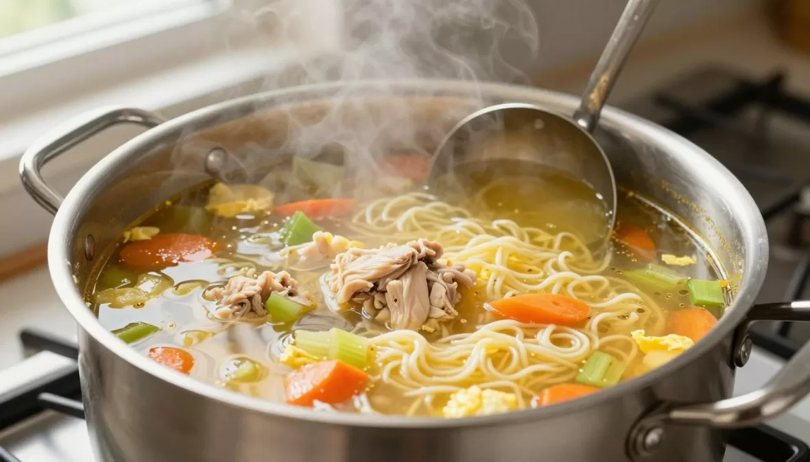 Steaming pot of chicken noodle soup with vegetables
