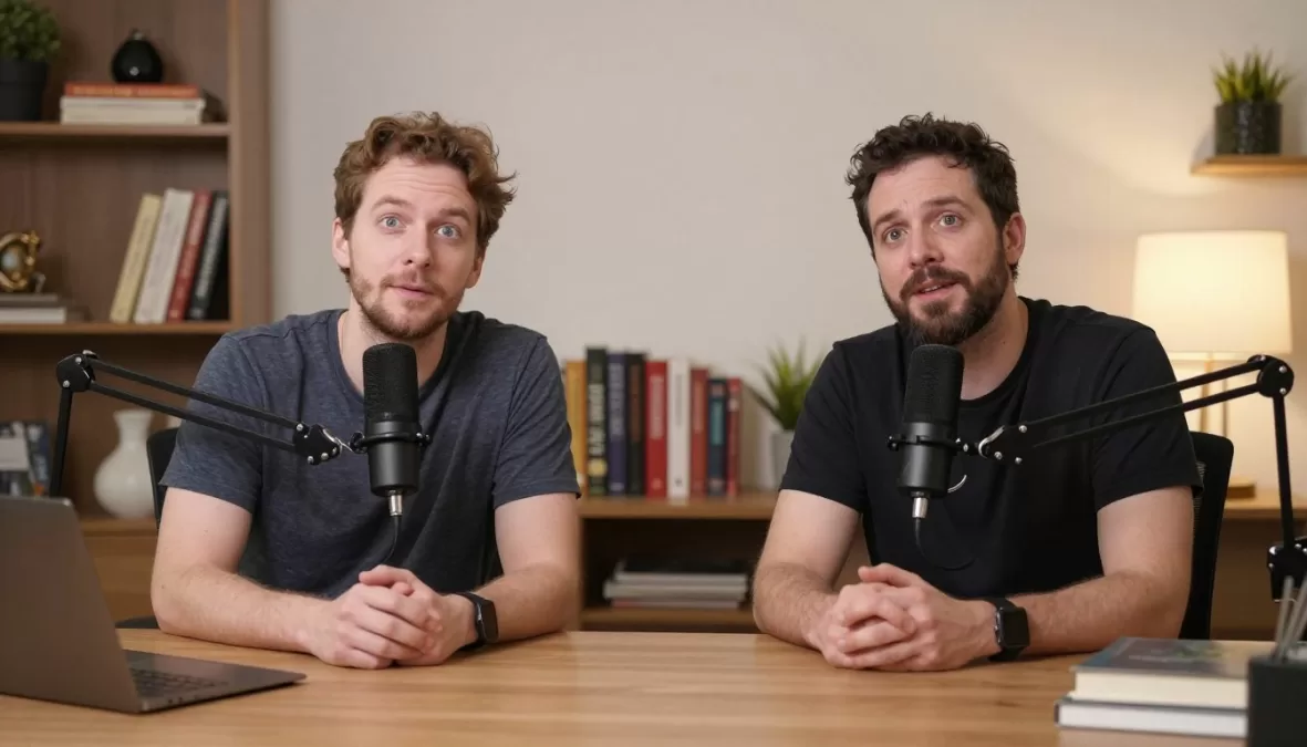 Stuff You Should Know podcast hosts Josh and Chuck in educational studio