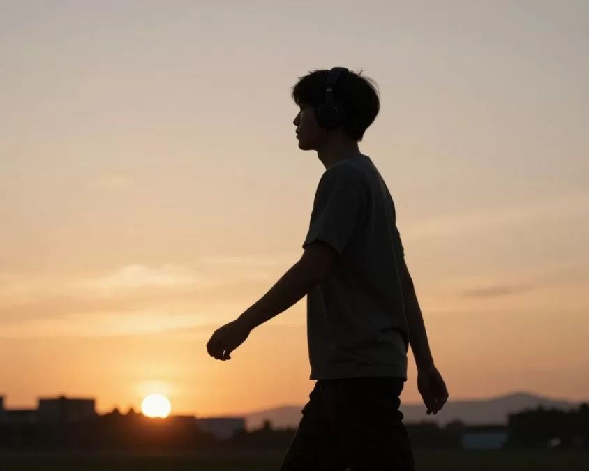 Sunset scene with person walking while listening to podcasts