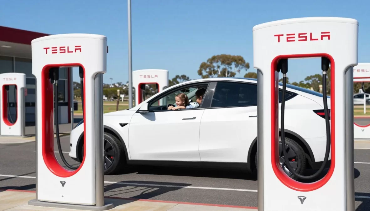 Tesla Model Y charging at Supercharger station