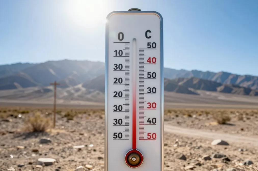 Thermometer showing extreme temperature reading in Death Valley