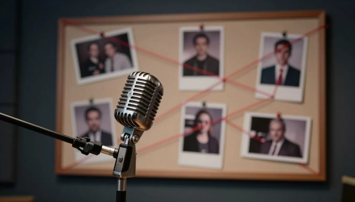 True crime podcast microphone setup with detective board in background