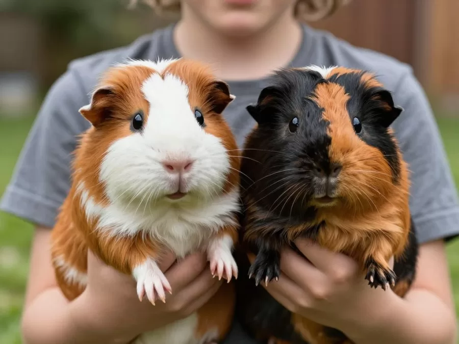 Two adorable guinea pigs being held gently by a child