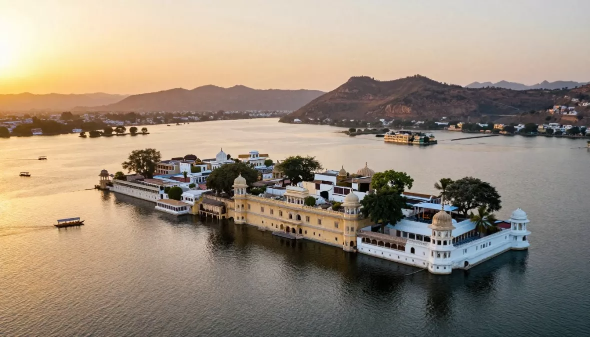 Udaipur city palace and Lake Pichola creating romantic destination wedding setting
