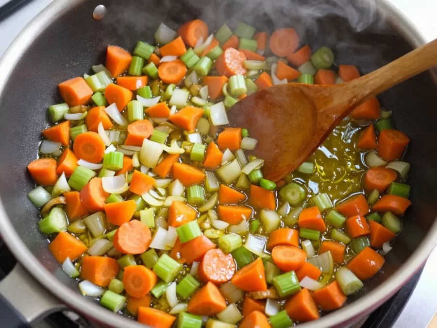Vegetables cooking in pot for soup base