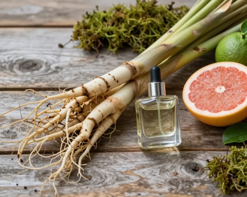 Vetiver grass roots and citrus on natural wood